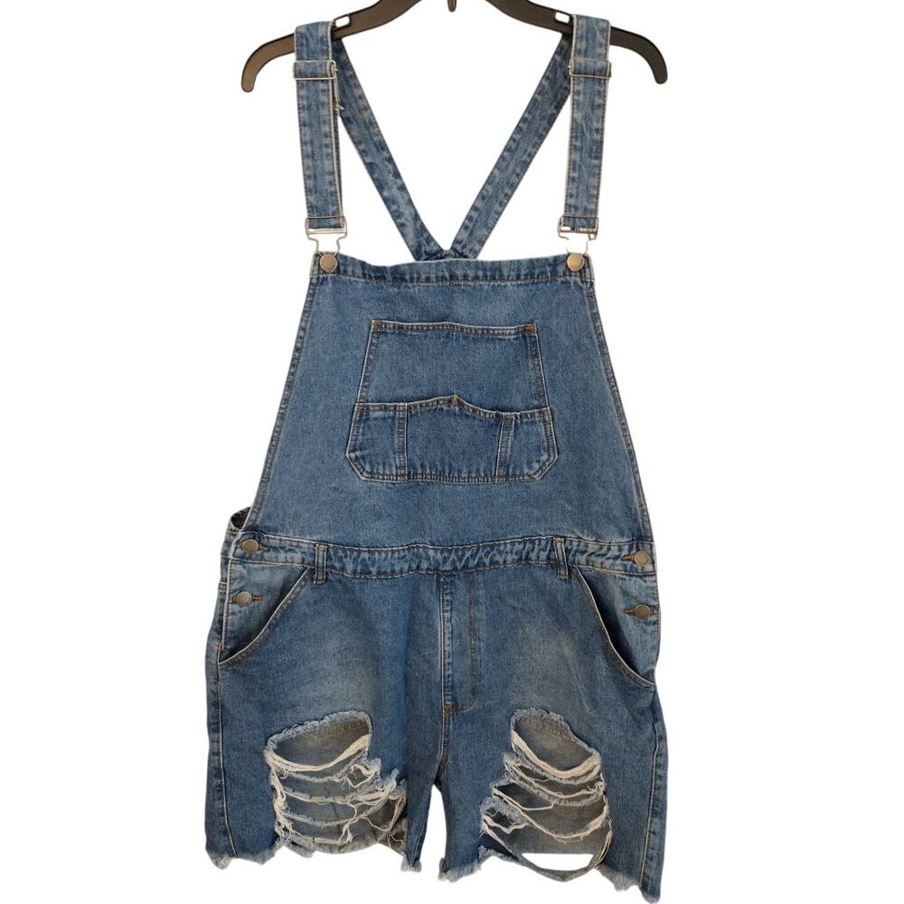Love Moda NEW Destroyed Denim Jean Cut-Off Bib Shortalls Women's 2X Plus